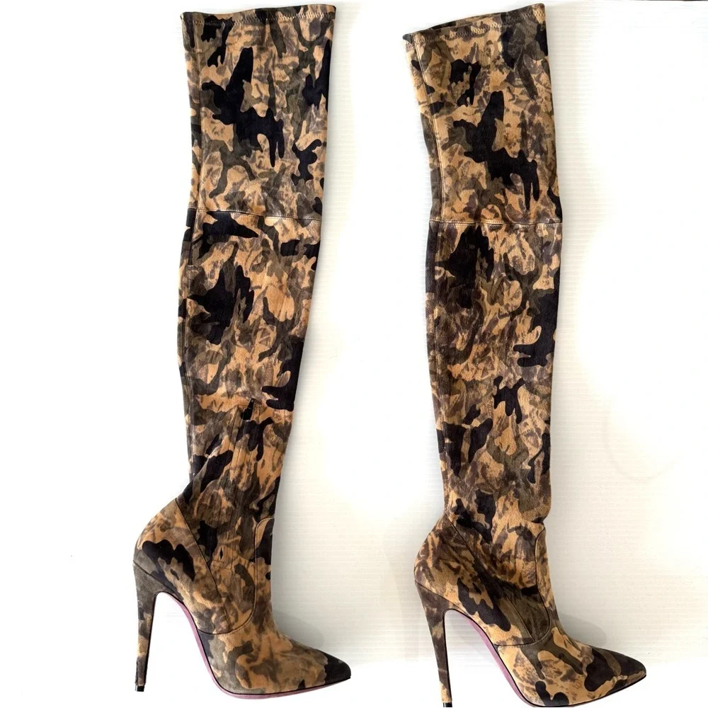 Amanda Gregory Desert Camo Suede Thigh High Stiletto Boots EU 38 US 7.5